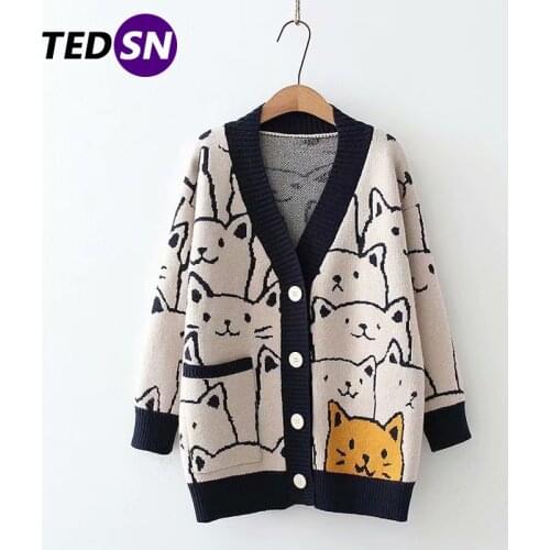 Casual Kawaii Harajuku Cartoon V Neck Mens Cardigan Cute Cat Printed Knitted Sweater Male Retro Long Sleeve Knitwear Coat Unsiex