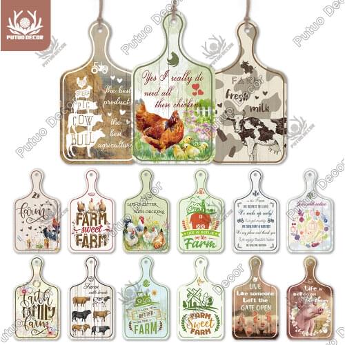 Putuo Decor Farm Small Cutting Board Sign Rustic Wooden Plate Animals Hanging Sign for Home Decoration Kitchen Farm Wall Decor