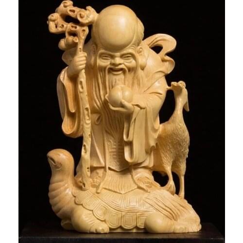 Boxwood Carving Turtle Crane God of Longevity Wood Shou Xing Statue Decoration Birthday Gifts Mythology Sculpture Home Decor