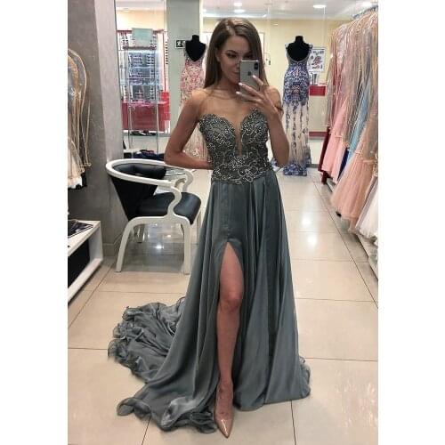 Beaded Gray O-Neck Long Prom Dress 2021 Silk Chiffon Sleeveless Split Evening Gowns Lace Sheer Wedding Guest Maid Of Honor Dress