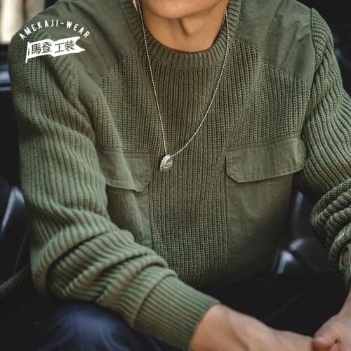 Maden Vintage Pocket Knitted Sweaters For Men Commando Solid Oversized Warm Retro Pullovers Tops O Neck Sweater Knitting Elastic