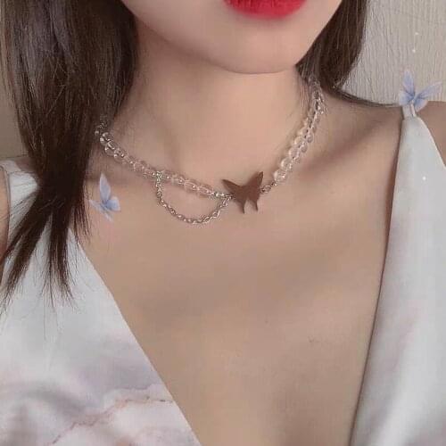 Titanium steel butterfly necklace female i cold wind transparent round bead chain cute butterfly choker clavicle chain