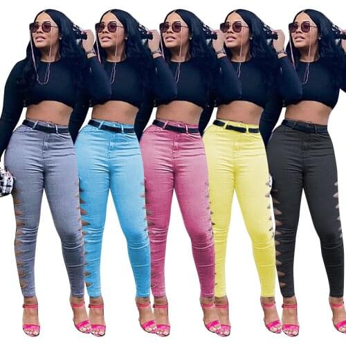 Thin Denim Women Jeans Fashion Casual Side Hole High Waist Jeans Skinny Black Summer Pencil Pants Wholesale