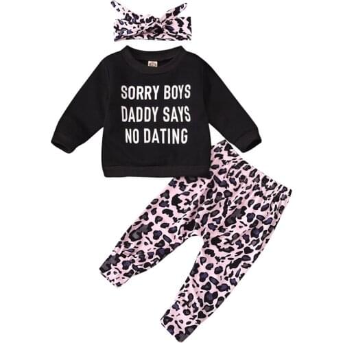 Spring fashion kids clothes baby girl letter print long sleeve T-shirt and leopard print pants suit