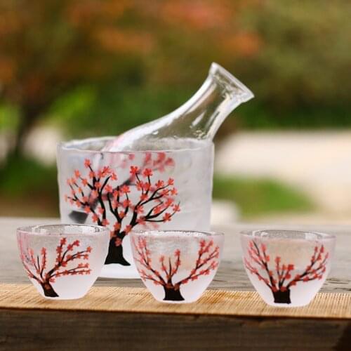Japanese Glass Wine Set Plum Blossom Pattern Sake Glass Pot Ice Jug Flagon Liquor Shochu Cups Wine Bottle Drinkware Bar Set Gift