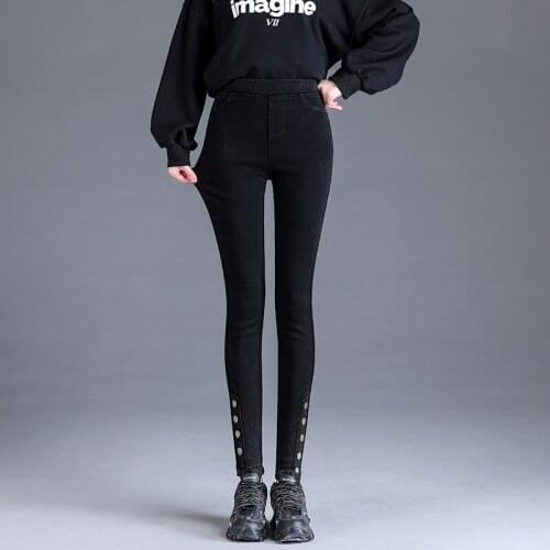 Woman High waisted Jeans Plus Velvet Thick Slim Pencil Pants Womens Calf Button Stretch Jeans Leggings Plus Size elastic Pants