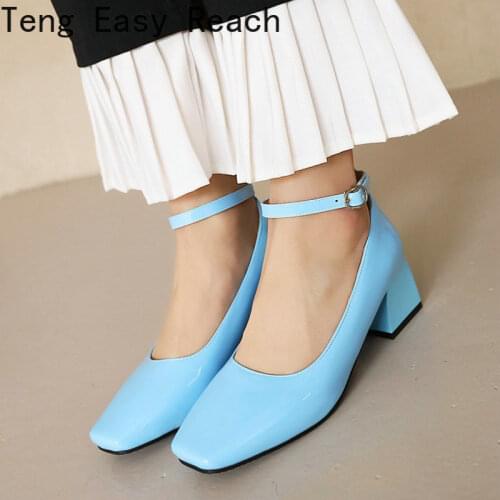 Teng Easy Reach Patent PU Leather Yellow Buckle Strap Office Lady Pumps Chunky High Heels Women Mary Janes Shoes Big Size 45 46