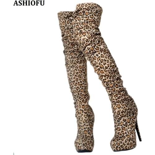 ASHIOFU Elegant Handmade Ladies High Heel Boots Night-club Party Prom Sexy Thigh High Boots Evening Fashion Long Boots Shoes