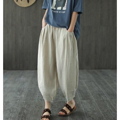 Women Summer Cotton Linen Elastic Waist Solid color Pants Ladies Vintage Harem Pants Trousers 2020