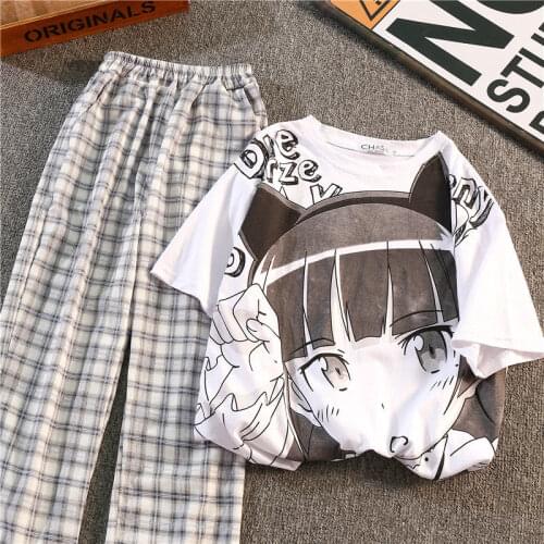 Anime T Shirts+Plaid Pants 2-Piece Sets Women Harajuku Teens Girls Casual Tracksuits 2021 Summer Japanese Students Matching Sets