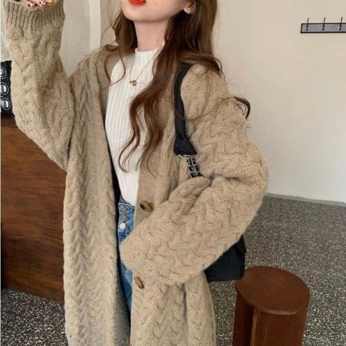 Lazy Wind Korean Medium Length Coat Womens Autumn and Winter New Loose Over Knee Sweater Versatile Coat Large