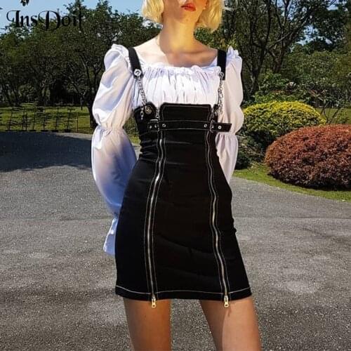 InsDoit Gothic Sexy Denim Mini Dresses Women Belt Zipper Punk Summer Black Strap Dress Harajuku Slim Elegant Party Club Dress