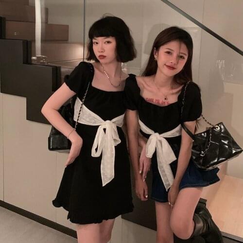 Woman Dress Square Collar Fluffy Waist Waist Black Slimming Dress Female Summer Korean Style Girlfriend Skirt A-line Mini Dress