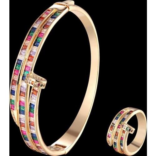 Zlxgirl Mixed color T shaped zircon bracelet bangle bridal jewelry sets Gold-color Womens zirconia copper Bangle ring Bijoux