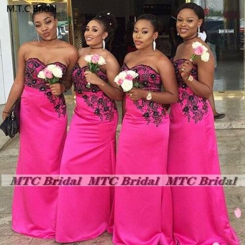 2021 African Bridesmaid Dresses Fuchsia Long Mermaid Sweetheart Satin Maid Of Honor Gowns With Black Lace For Wedding Party