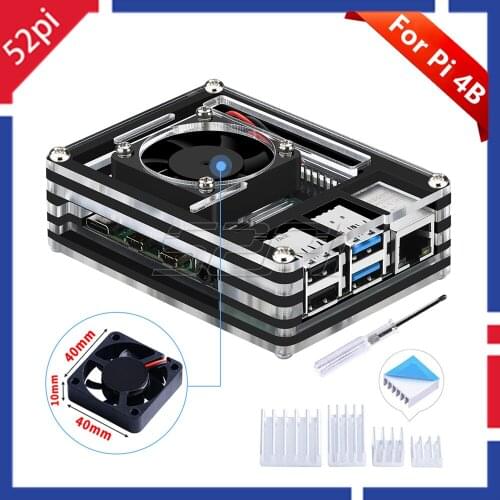 52Pi Acrylic Transparent / Clear & Black Case Cover for Raspberry Pi 4 Model B Large Size Cooling Fan 4010 for Raspberry Pi 4