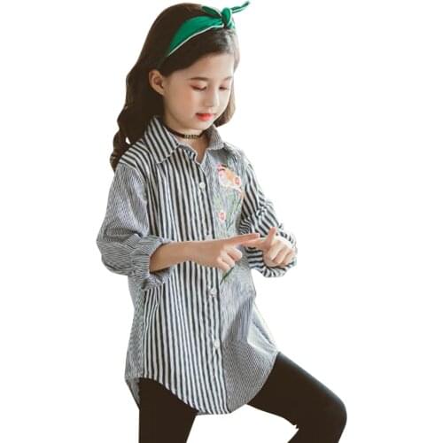 Girls Blouse Flower Embroidery Shirt For Girls Patchwork Striped Blouse For Girls Autumn Korean Clothes For Girls 6 8 10 12 14