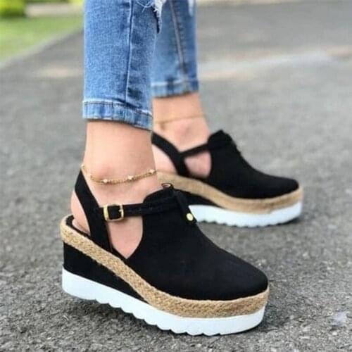 Womens Sandals Vintage Wedge Shoes Woman Buckle Strap Straw Thick Bottom Flats Platform Sandals Flock Female Shoes Summer 2020
