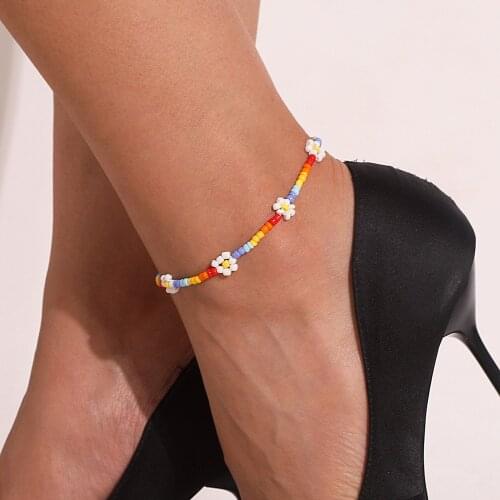 New Hip Hop Flower Daidy Bead Anklet Bracelet For Women Bohemian Colorful Handmade Elastic Jewelry Gift Strech Ankle