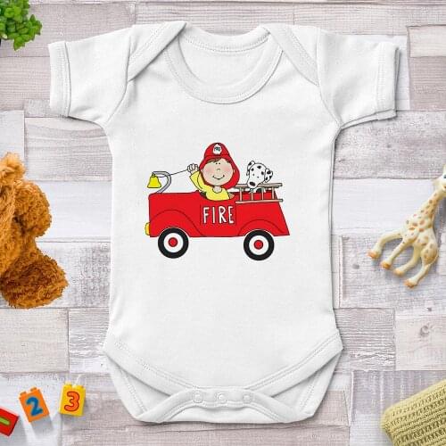 Newborn Infant Baby Boys Girls Vehicle Romper Jumpsuit Fire Engine and Firefighter Outfits Sunsuit 0-24M