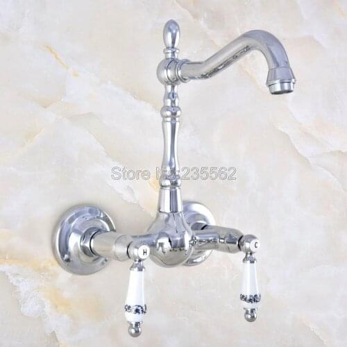 Chrome Wall Mount 2 Handles Kitchen Sink Bathroom basin Faucet mixer tap lnf572