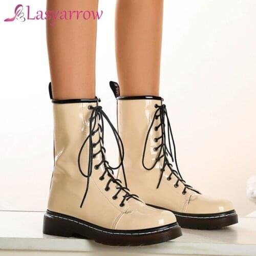 Lasyarrow Women Patent Leather Ankle Martin Boots Casual Lace-Up Boots Motorcycle Shoes Warm Women Autumn Winter Heels Shoes