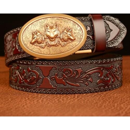 Fashion Wolf Automatic Buckle Genuine Leather Men Belt New Designer Cow Leather Strap Belts for Men Waistband 3.5cm Width