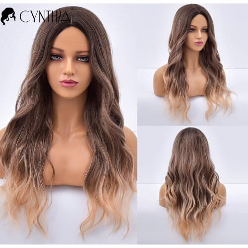Long Ombre Brown To Blonde Daily Wave Hair Natural Synthetic Wigs For White Women Cosplay Wavy Heat Resistant Female Fibre Wig
