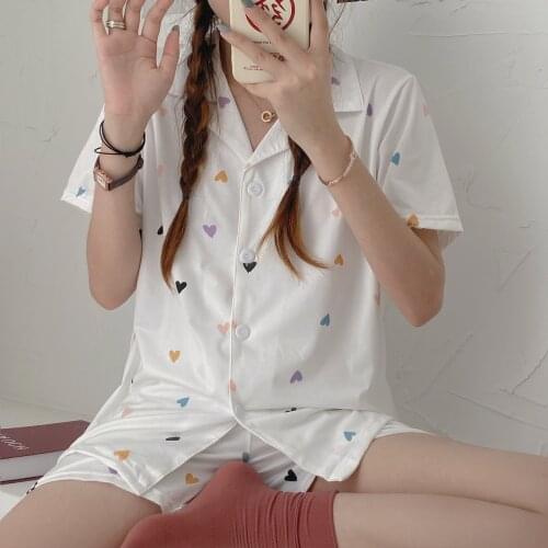 New Summer Short Sleeve Pajamas for Women Love Printing Pajama Set Lounge Wear Simple Thin Japanese Shirt Shorts Pjs Homewear