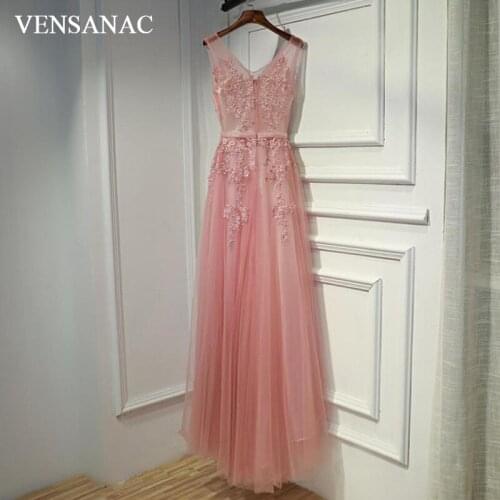 VENSANAC 2018 Lace Sash Crystals A Line Long Evening Dresses Elegant V Neck Tank Appliques Tulle Party Prom Gowns