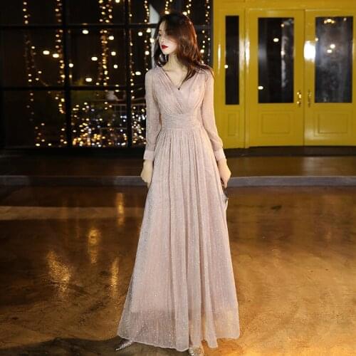 French Style Women Elegant Evening Dress 2020 New Fashion Sexy V-neck Full Sleeve Formal Dress a Line Illusion Champagne Dress