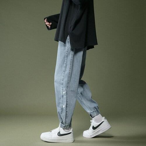 Washed Loose Jeans Men Casual Sports Side-breasted Leggings Pants Retro Straight Trousers Youth Nine-point Overalls Thin Clothes