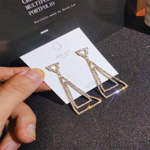 Luxury Dazzling Crystal Zircon Long Tassel Dangle Earrings Geometric Triangle Pattern Earring for Women Wedding Jewelry