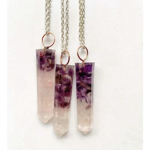 Pink Quartz Purple Crystal Chip Stone Necklace Silver Plated Chain Point Hexagonal Stone Necklace Resin Jewelry Wholesale