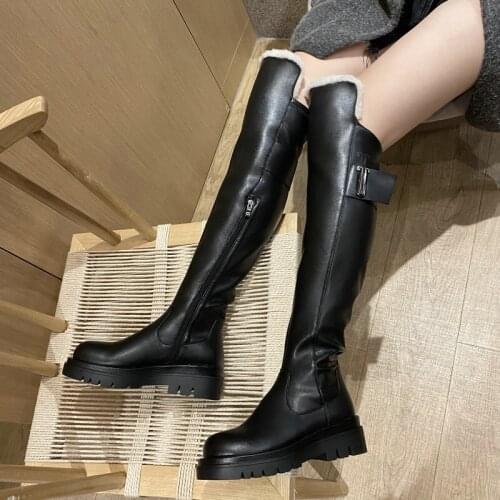 High quality cow leather platform thigh high boots round toe casual winter shoes zip dress over the knee boots