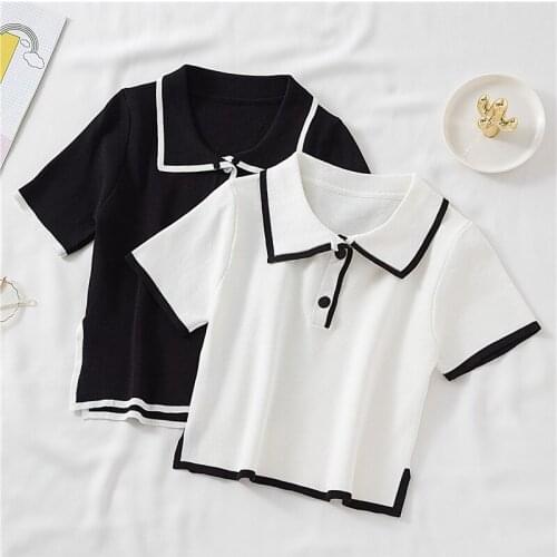 Spring and Summer Kintted Womens T-shirts Fashion Short Sleeve Casual Woman T-shirts Turn Down Collar Short Style Lady T-shirts