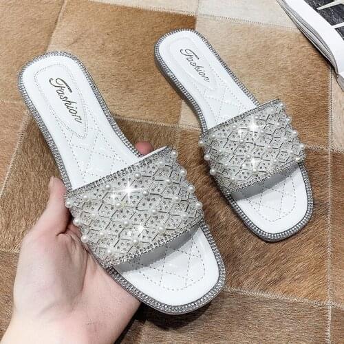 Women Summer New String Bead Sandals Slippers Female Rhinestone Decoration Sandal Ladies Casual Soft Bottom Flat Slides