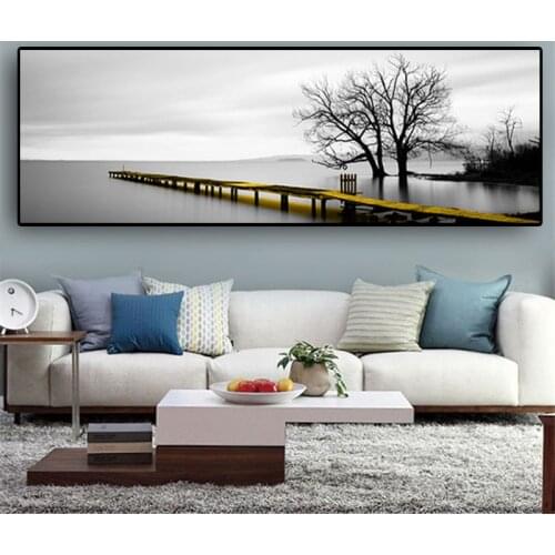 Calm Lake Surface Yellow Long Bridge Scene Canvas Paintings Landscape Cuadros Posters and Prints Wall Art Pictures Home Decor