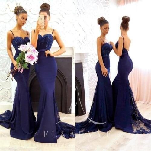 Vintage Navy Blue Mermaid Bridesmaid Dresses Spaghetti Straps Wedding Party Gowns Sweetheart Prom Gowns Plus Size Girl Dresses
