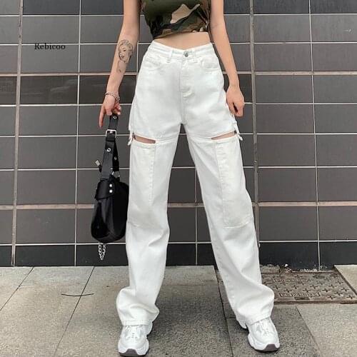 Vintage Hollow Out Womens Jeans Plus Size Pockets White Harajuku Korean Baggy Straight Pants Street Wear Wide Leg Jeans