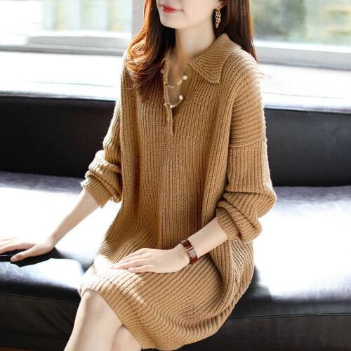 High-Waist Faux Wool Knitted Dress Womens Winter New Mid-Long Loose Skirt Temperament All-Match lady Sweater Dresses Female