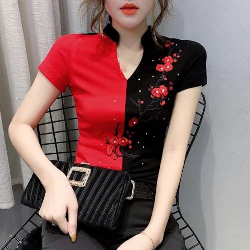 2020 New Summer Fashion Folk Clothes Sexy Patchwork Embroidery Diamonds T-shirt Women Tops Ethnic Ropa Mujer Shirt Tees T02005