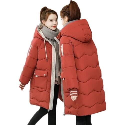 Women Winter Down Cotton jacket Color contrast Long Hooded Keep Warm Outwear Parka Thick Basic Coat Down Cotton Padded Jacket