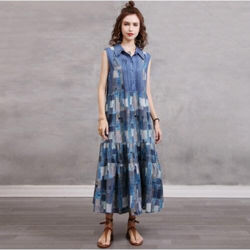 Johnature Women Plaid Dresses Denim Turndown Collar Sleeveless Button Loose Clothing 2021 Summer New Vintage Patchwork Dress