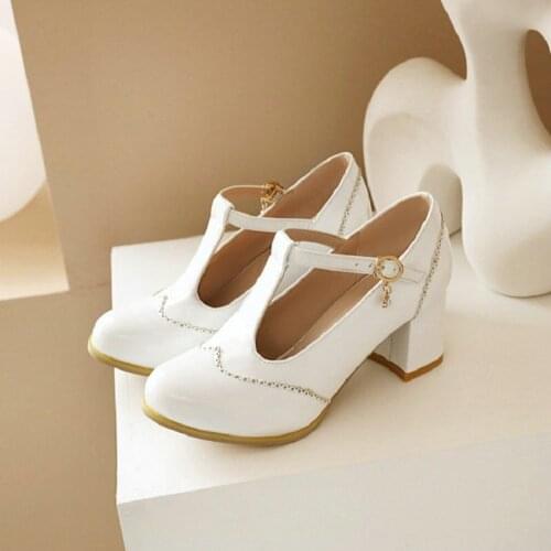 Sianie Tianie White Black Round Toe Block High Heels T-strap Office Lady Pumps Brogue Design Women Heels Shoes Plus Size 47 48