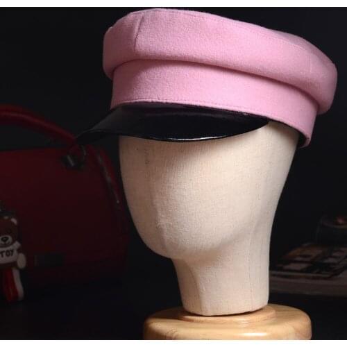 Womens Ladies Real Patent leather & Woolen Shiny Black Brim Military Beret Naval Hat Newsboy Army/Navy Caps/Hats