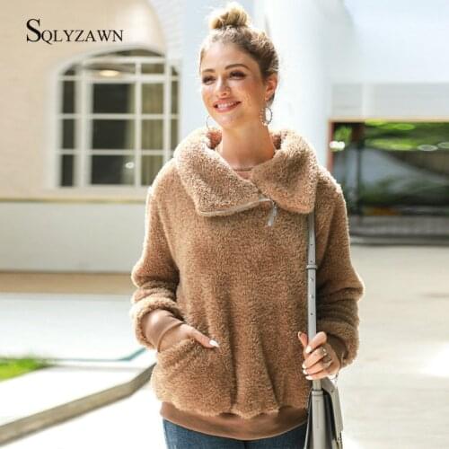 Womens Fleece Long Sleeve Zipper Pullover Warm Fluffy Fall Winter Sherpa Sweatshirt Korean Streetwear Knaki Pink Clothes Tops