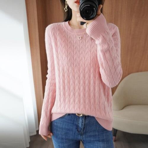 100% Pure Wool Cashmere Sweater Autumn/Winter 2021 Womens O-Neck Pullover Twist Casual Knitted Top Long-Sleeved Females Jacket