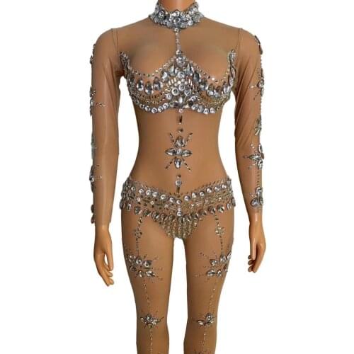 Evening Nightclub Crystal Outfit Sparkly Rhinestones Sexy romper See Through Jumpsuit Women Birthday Party Dance bodysuit