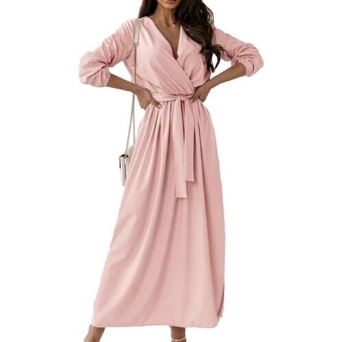 Women dress plus size Solid Color Elastic Waist V Neck Tight Waist Skin-friendly All Match Loose Long dresses for women 2021